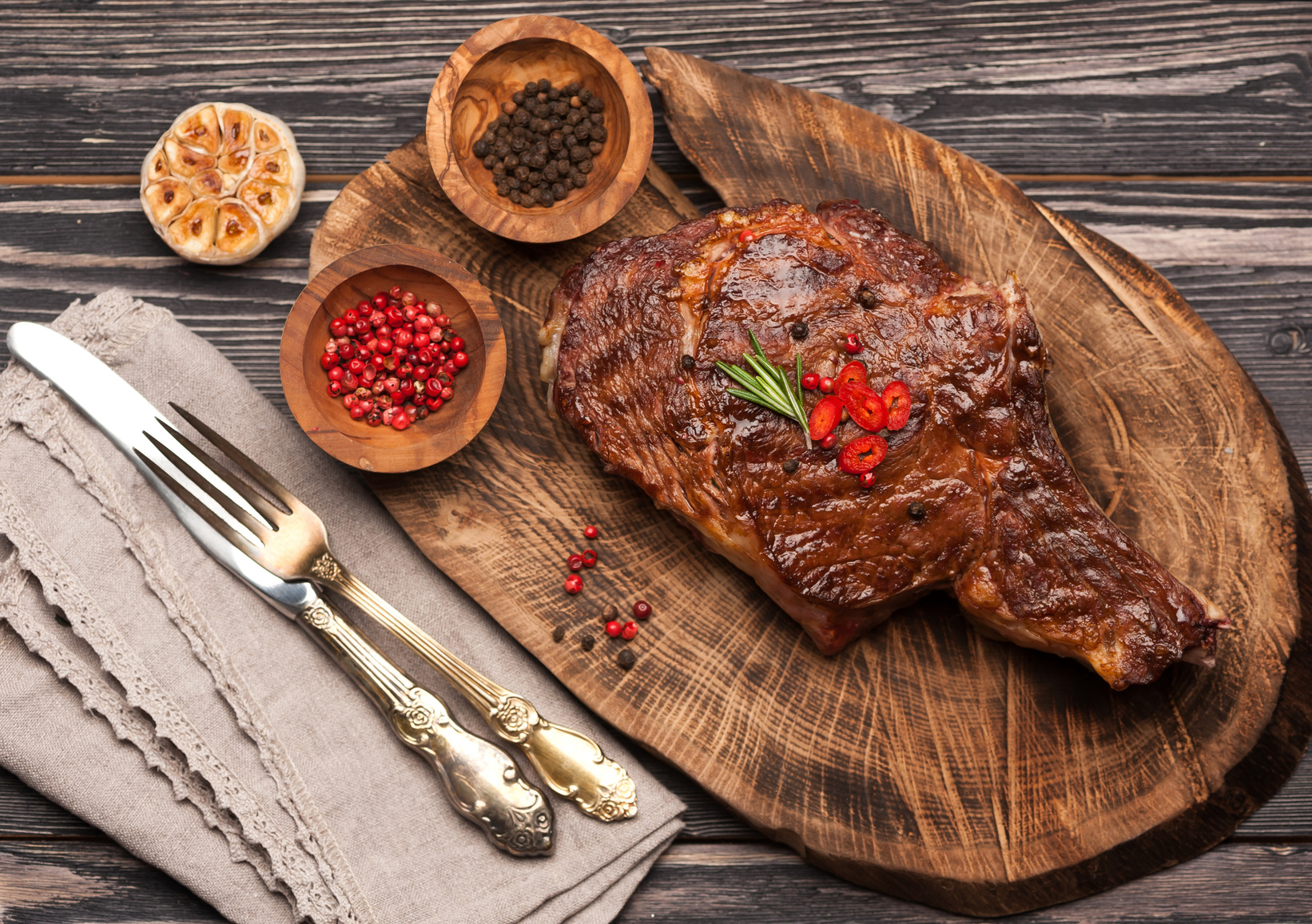 Meat Ribeye steak entrecote. Top view