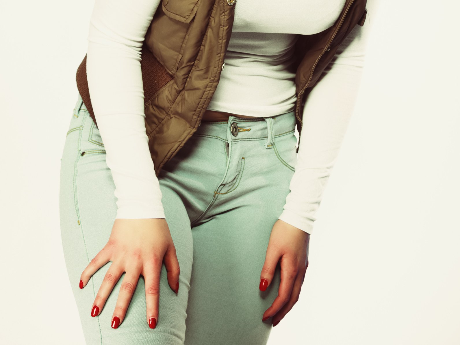 Part of body, female hips. Sexy plus size woman in jeans.