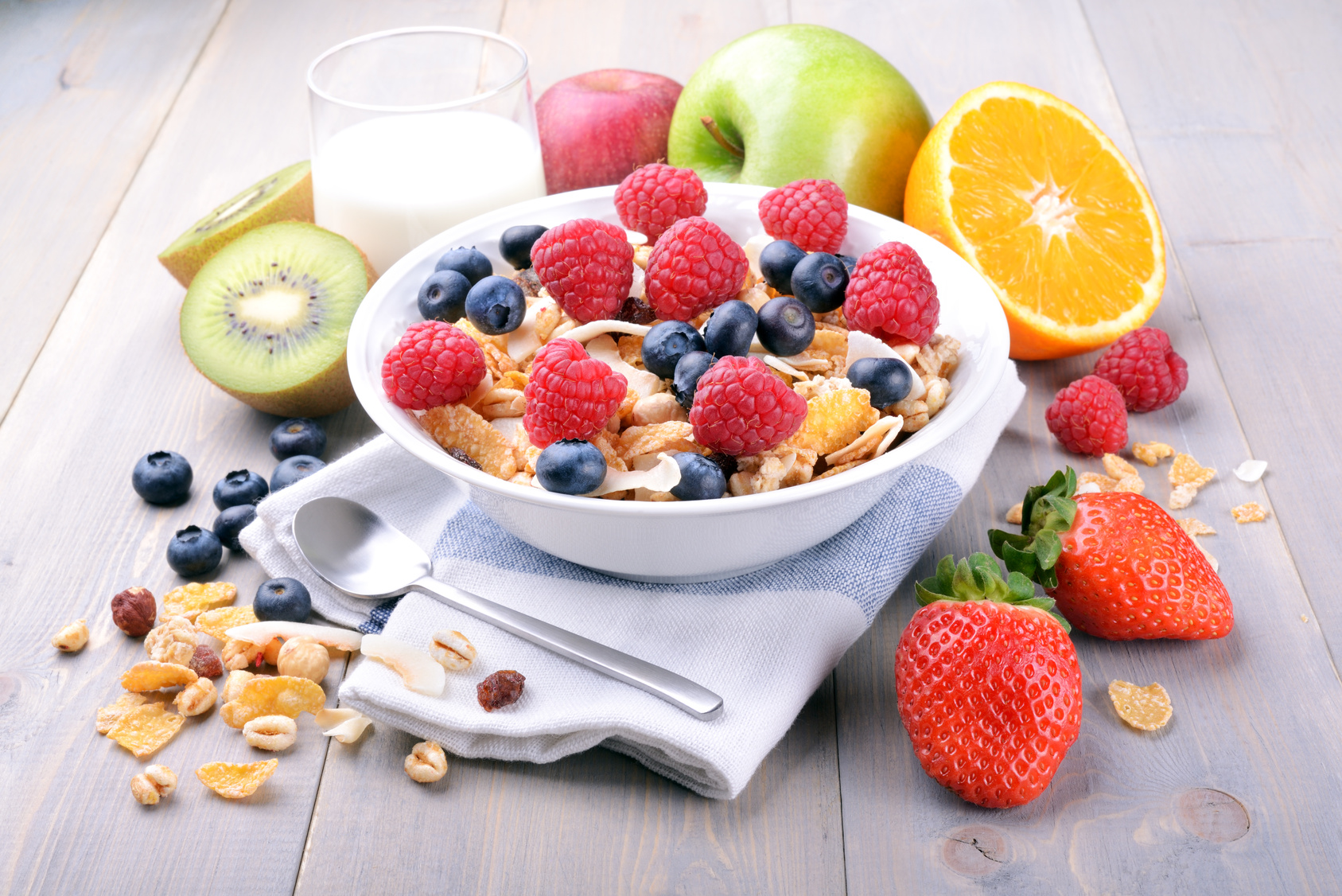 Breakfast with muesli and fruit