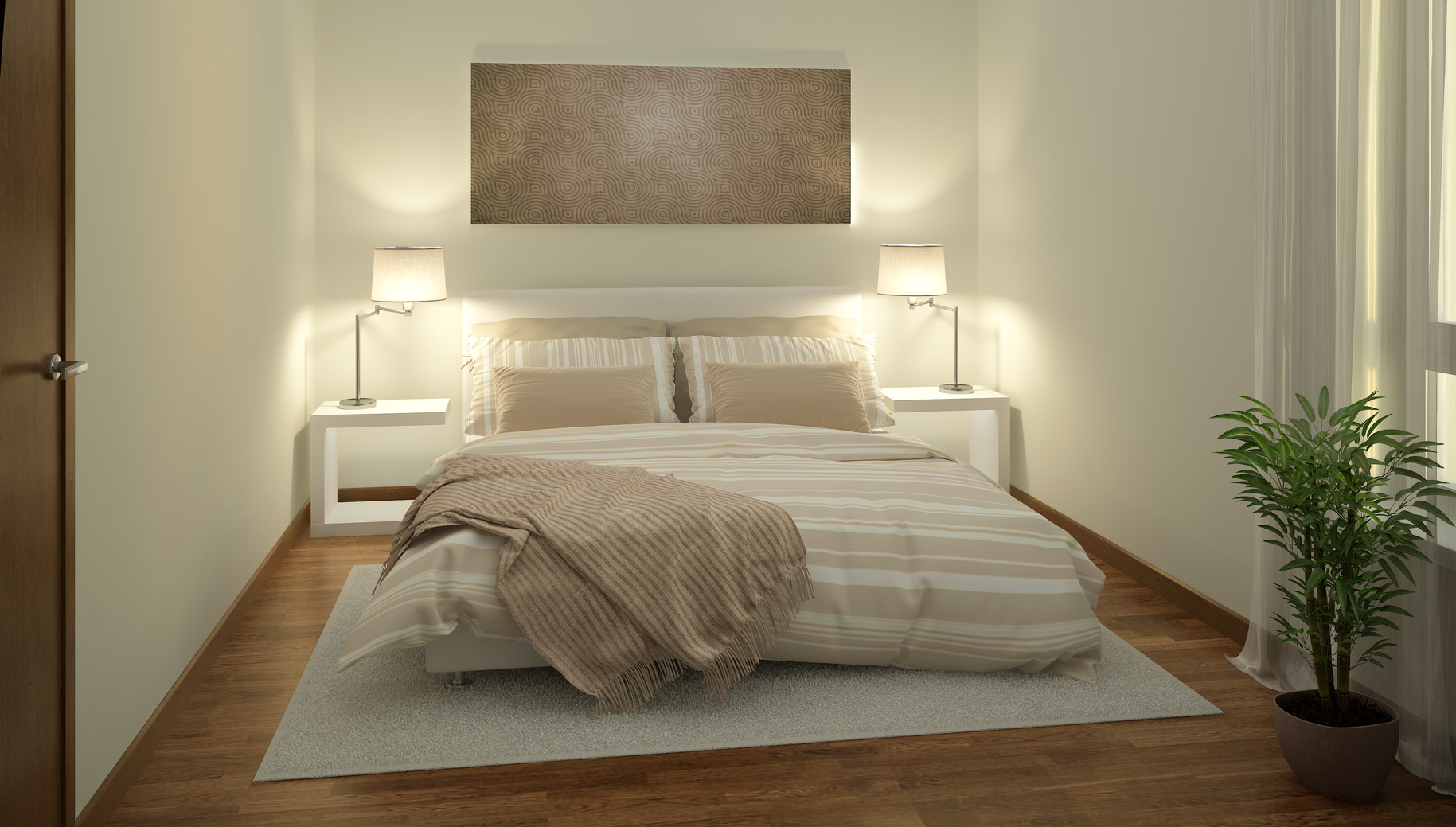 Rendering of a modern light colored bedroom