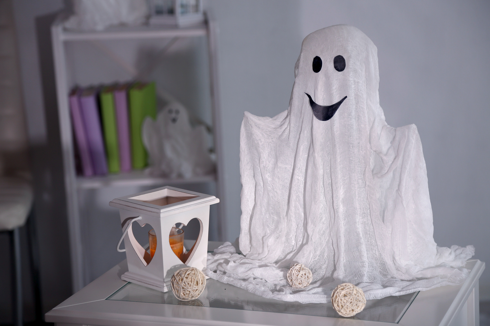 Halloween ghost, on home interior background