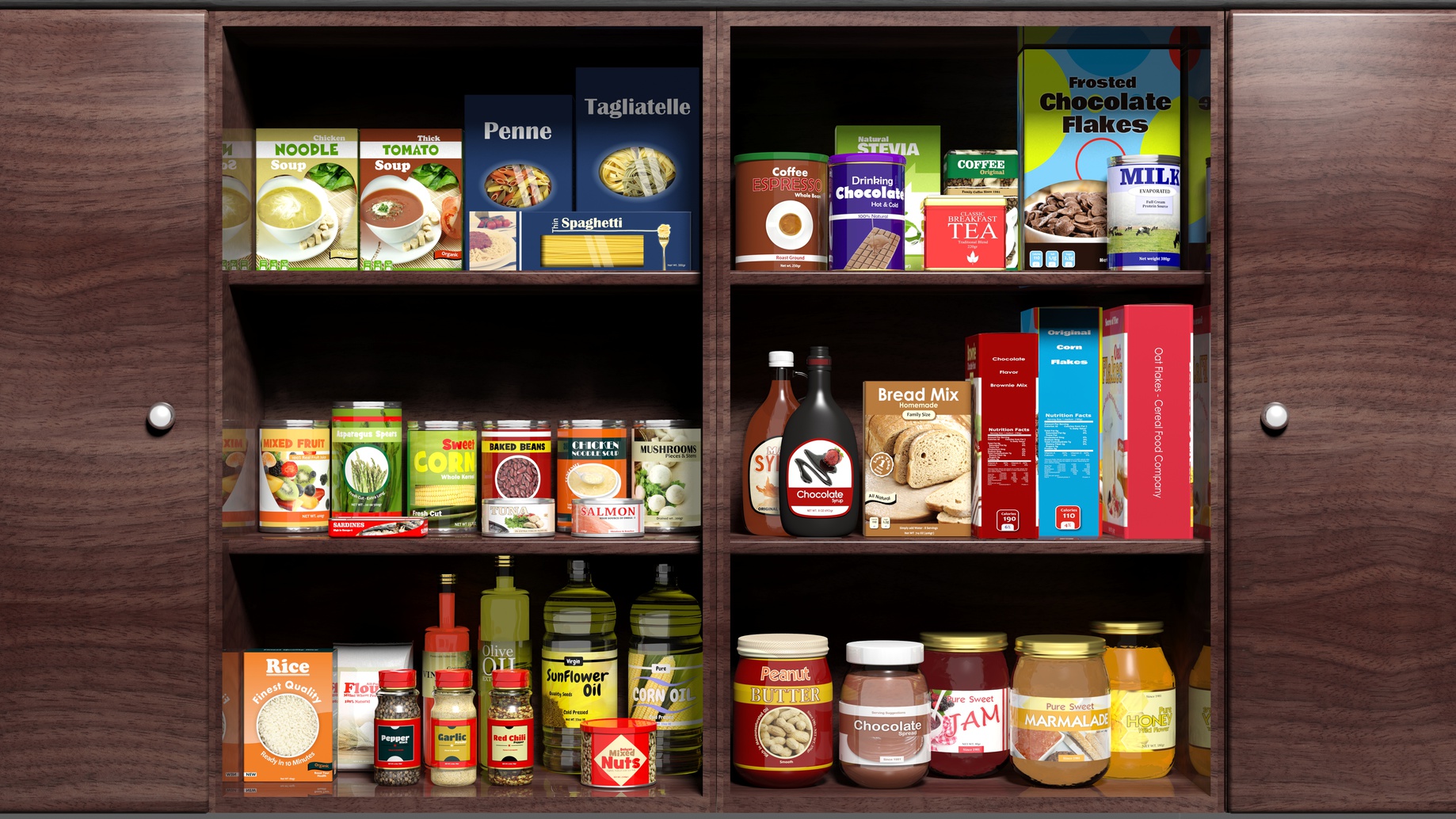 Wooden kitchen cabinet full of food products