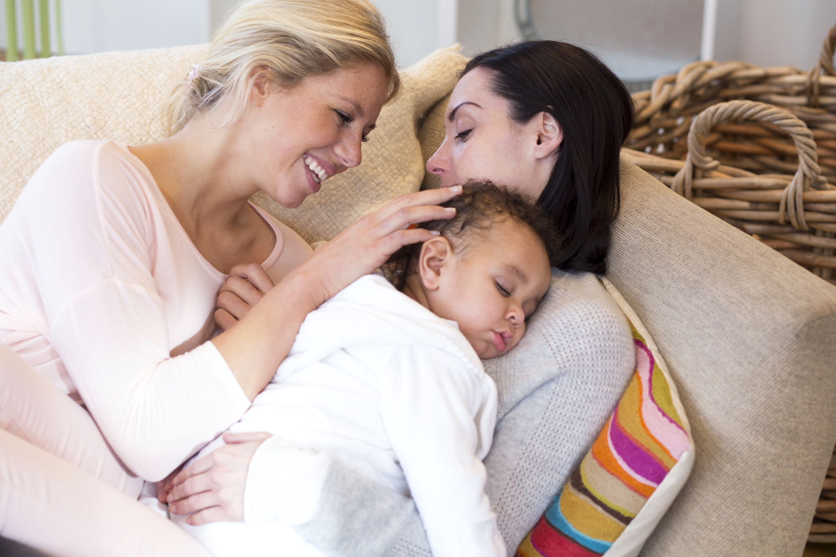 Female couple cuddling with their baby son