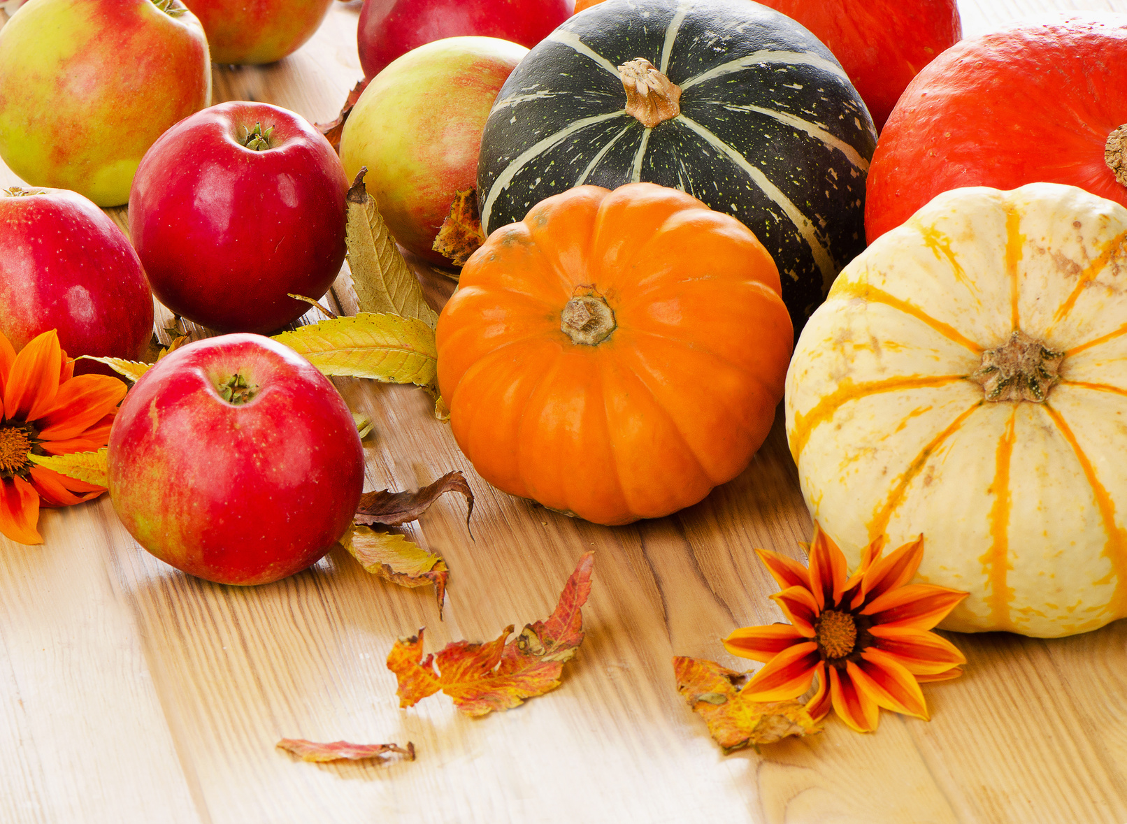 Pumpkins with red apples and fall leaves