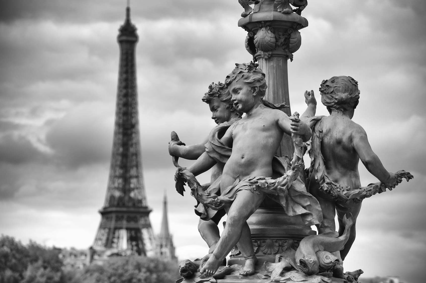 Paris France Eiffel Tower with Statues of Cherubs