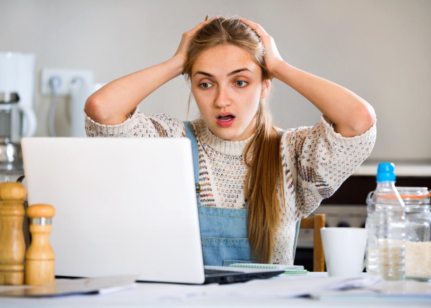 Tired upset female freelancer working