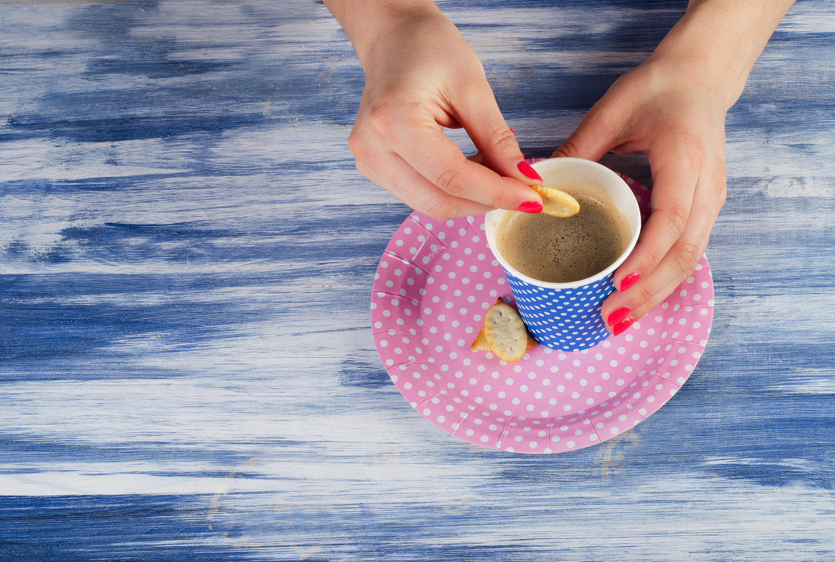 woman hands holding cup of coffee and cookies.