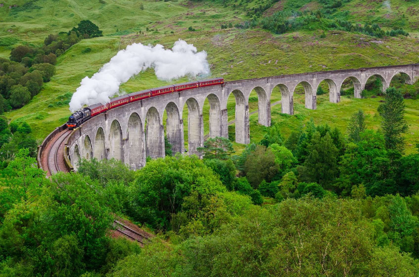 Detail of steam train on famous Glenfinnan viaduct, Scotland