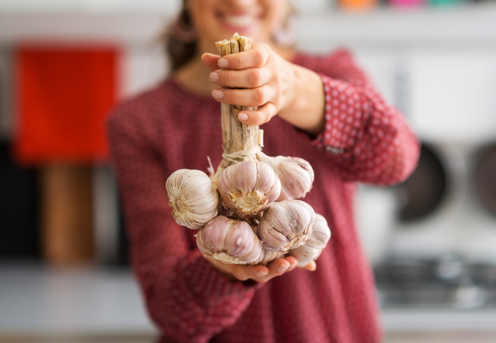 Closeup of bunch of garlic held by woman