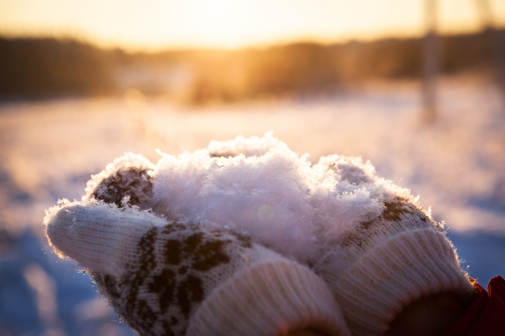 Fluffy sparkling white snow on hands