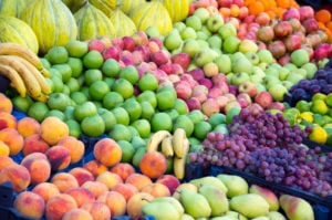 Variety of fresh organic fruits on the street stall
