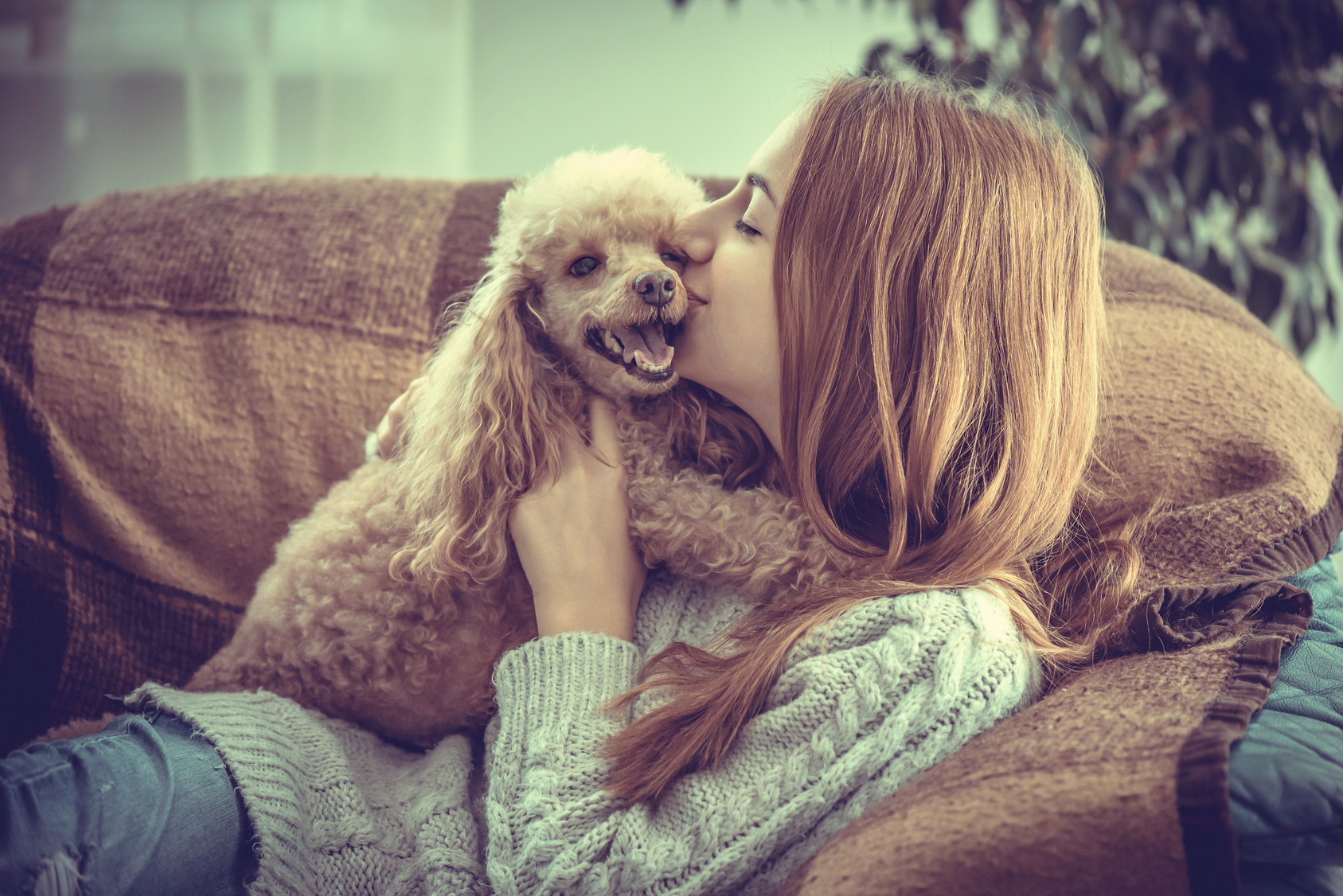 Young girl  is resting with a dog on the armchair at home .