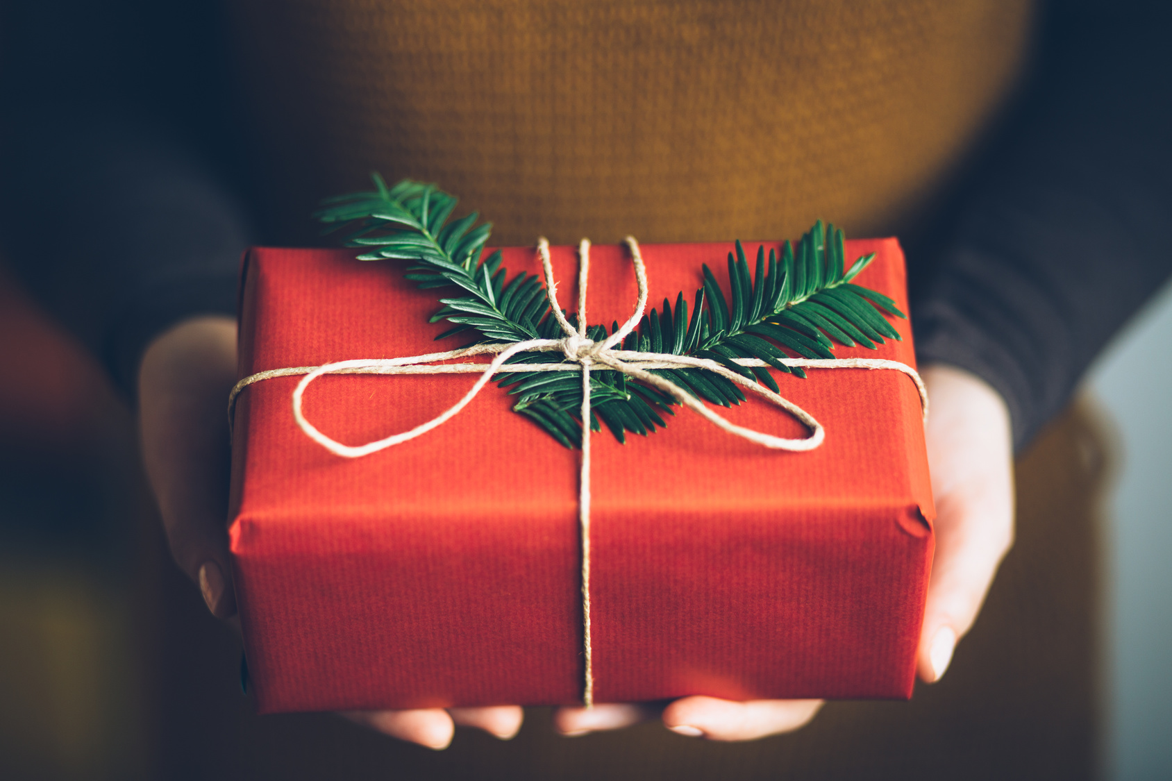 Woman holding modern Christmas present gift