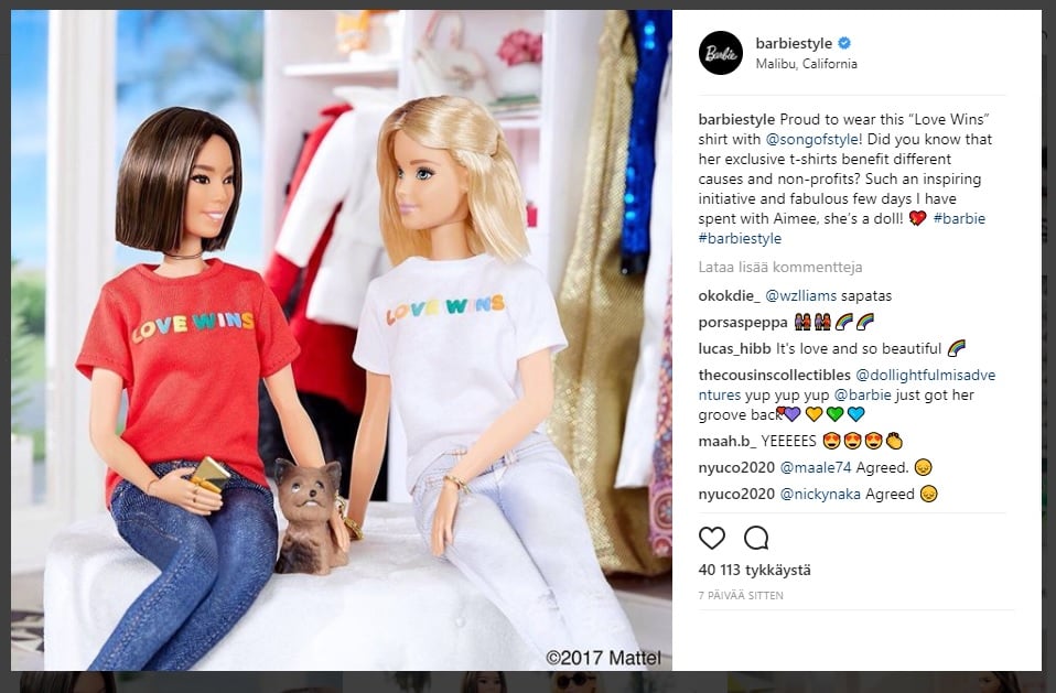 Barbie tukee vähemmistöjä Love Wins -paidalla