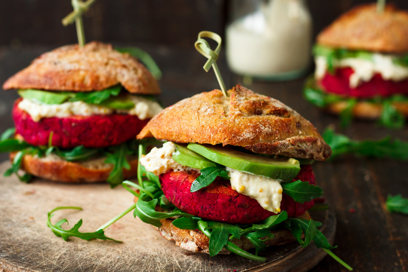 Vegan burgers with beetroot and avocado