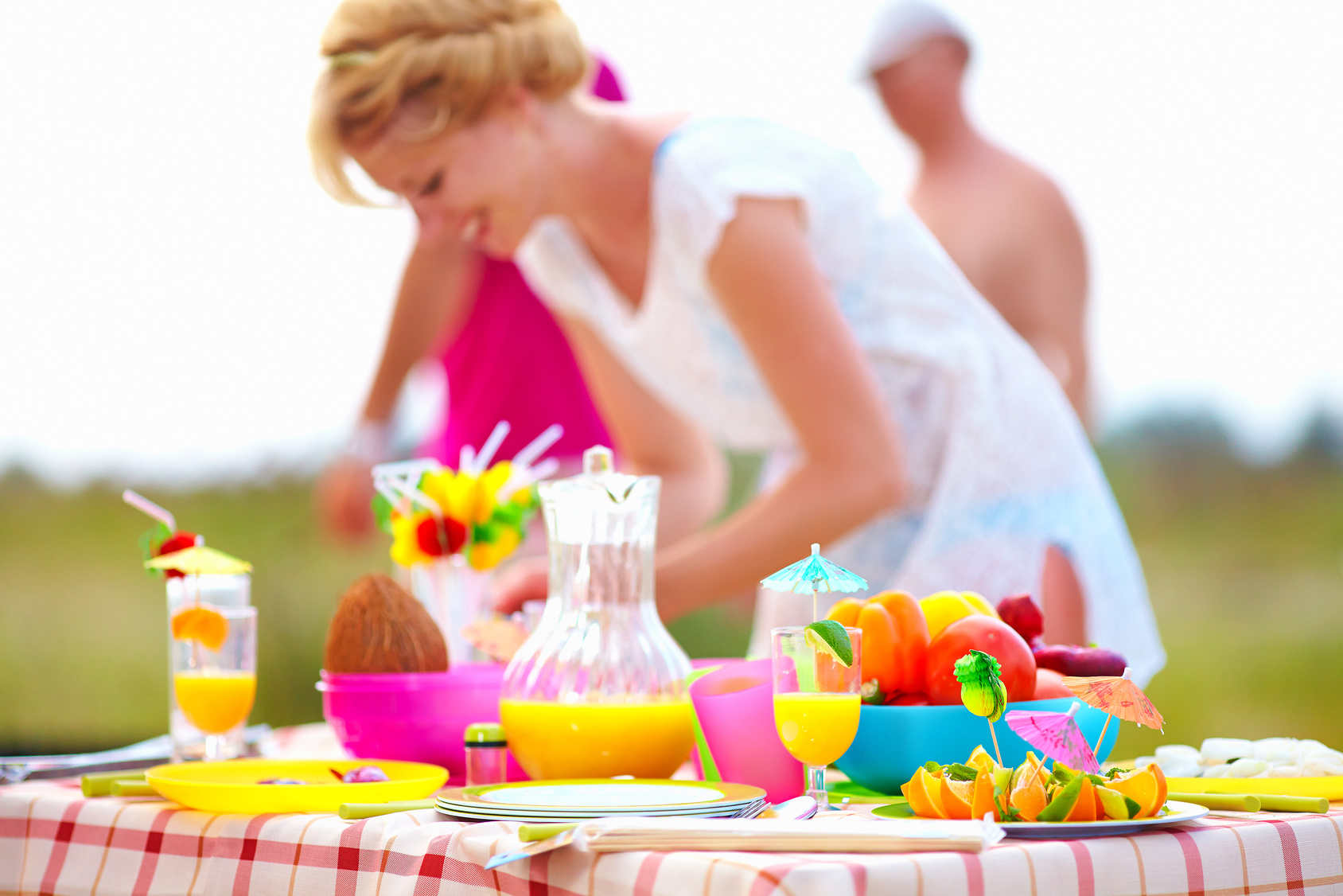 preparing picnic table in summer park