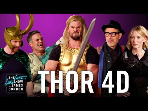 Thor: Ragnarök -elokuvan tähdet hupailivat James Cordenin kanssa 4D-version elokuvastaan – katso video