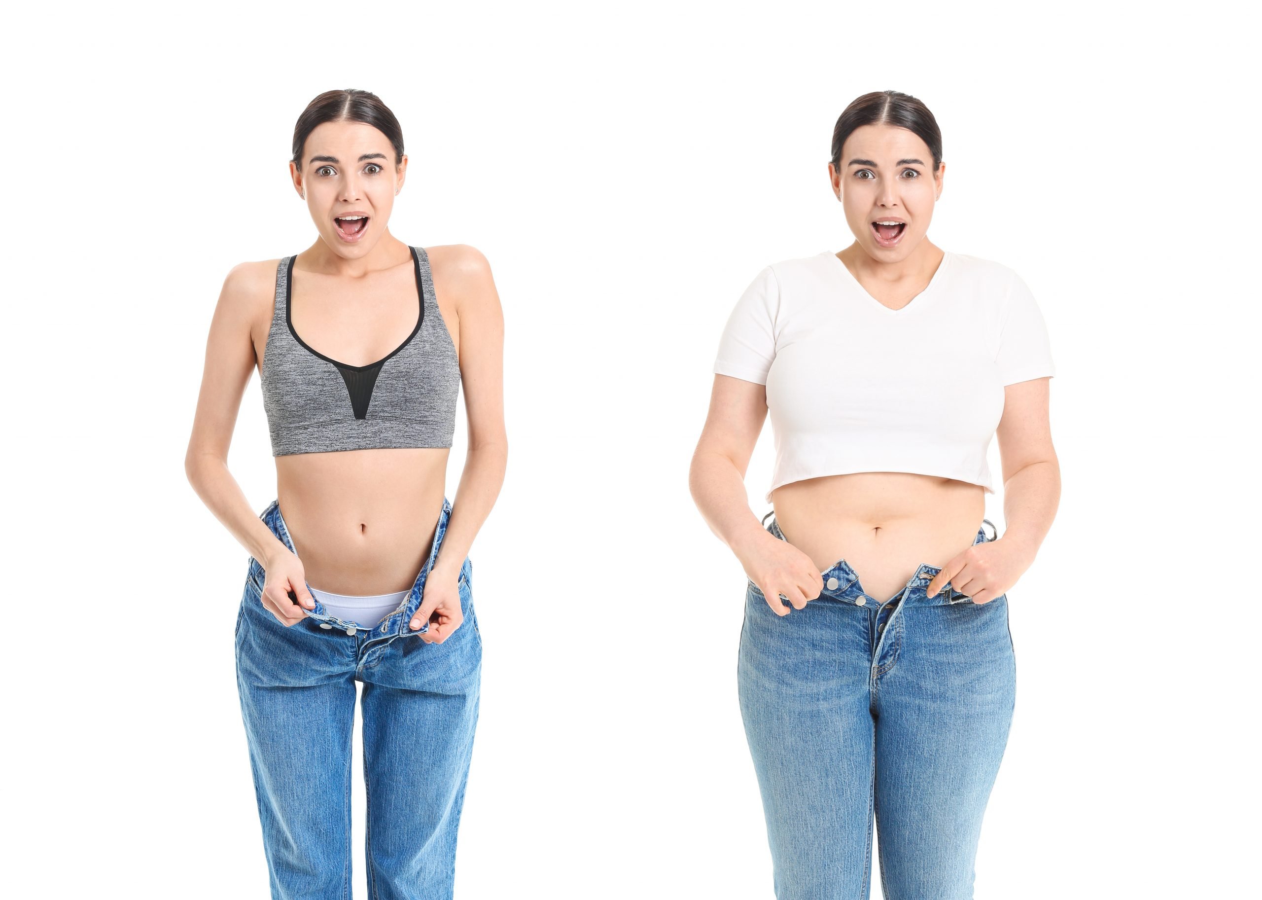 Young woman before and after weight loss on white background